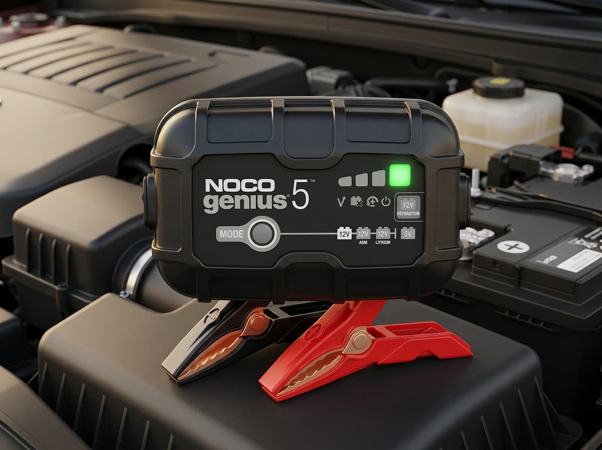 Vue en trois quarts du chargeur NOCO Genius 5 avec boîtier robuste et indicateurs LED clairs, placé dans un compartiment moteur propre de voiture moderne.