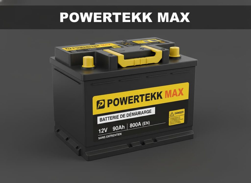 Batterie automobile Powertekk MAX noire avec étiquettes jaunes et blanches posée sur fond gris neutre, éclairage studio, avec le texte 'POWERTEKK MAX' en surimpression