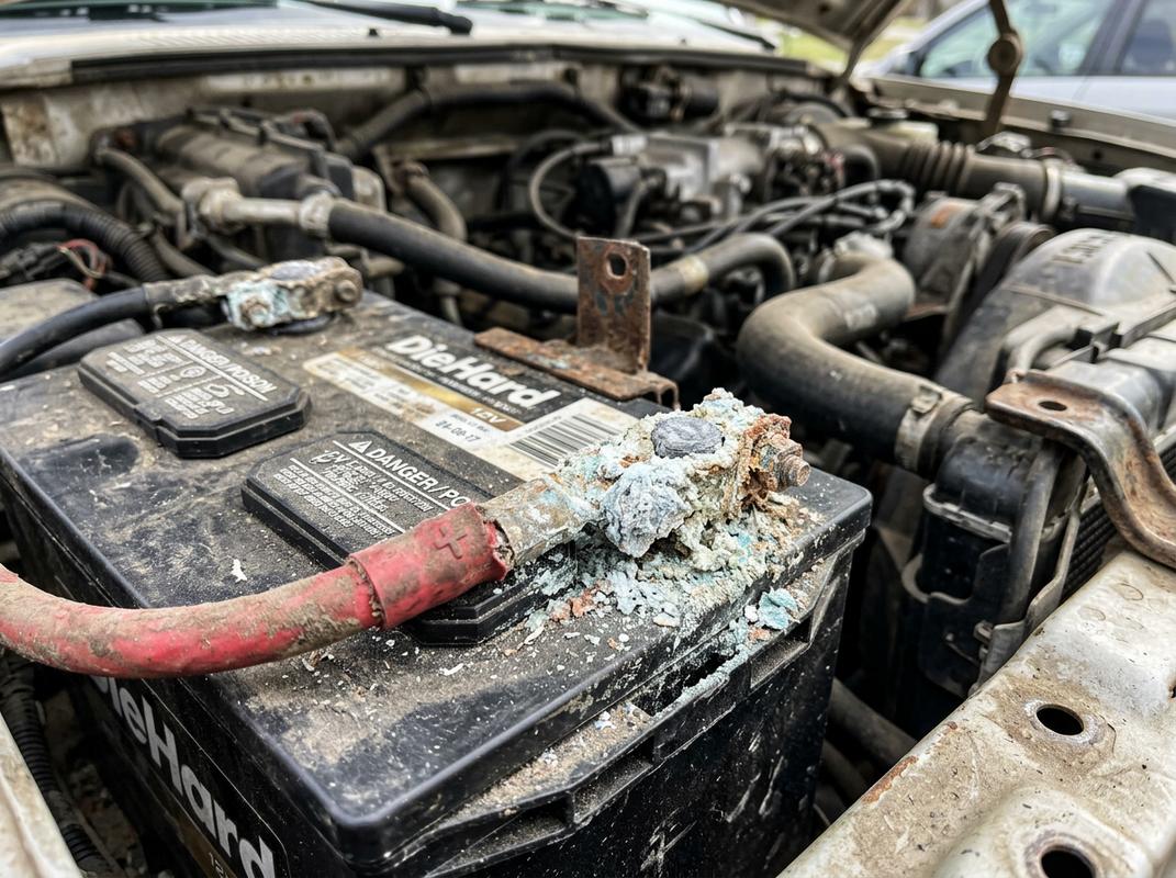 Dépôts de corrosion poudreux blancs et bleutés recouvrant les cosses métalliques d'une batterie de voiture usagée dans un compartiment moteur.