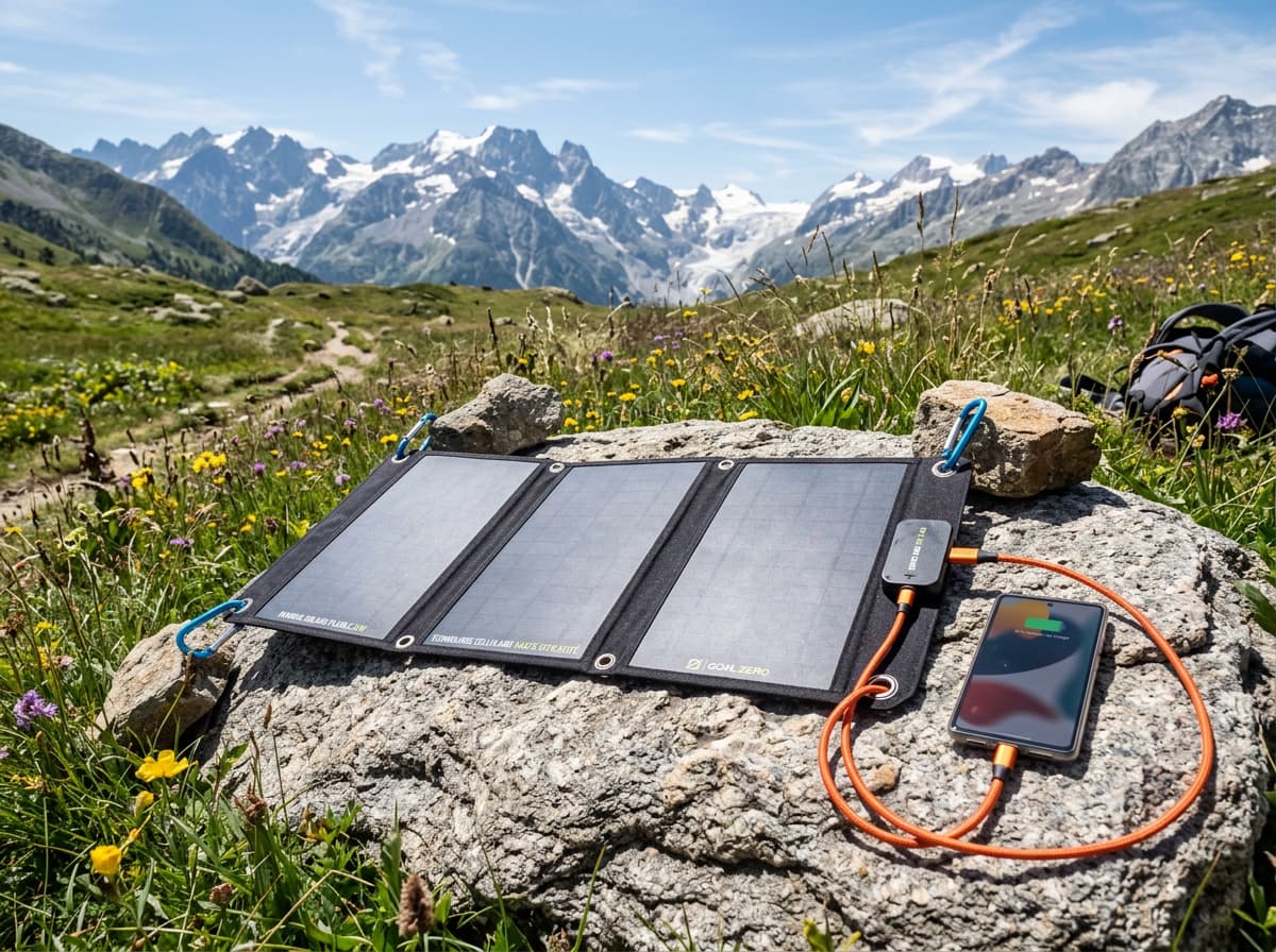 Un panneau solaire pliable de 21W déplié sur un rocher granitique dans une prairie d'altitude, avec un smartphone connecté par un câble USB-C orange, des œillets et mousquetons visibles.