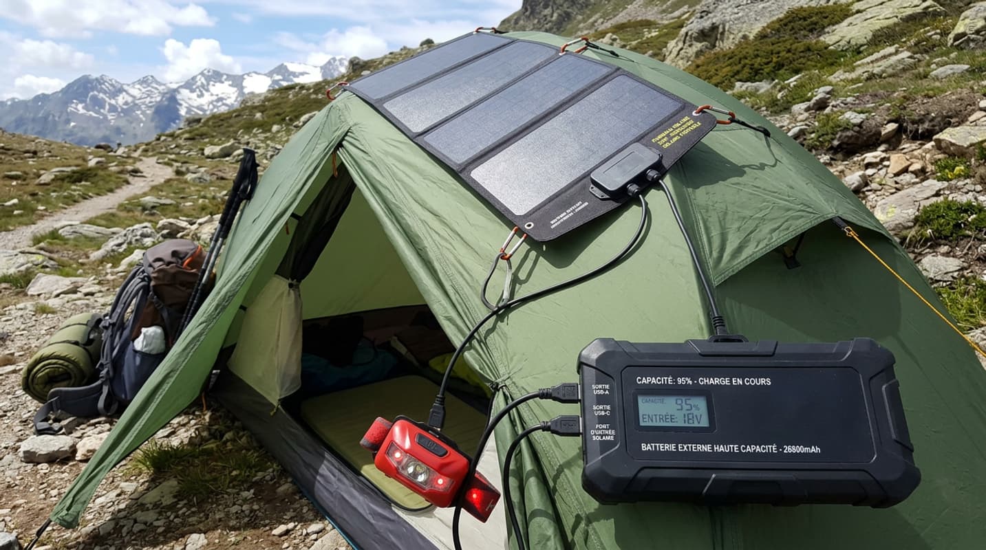 Un panneau solaire multicouche de 35 watts est déployé sur le toit d'une petite tente de randonnée par un après-midi ensoleillé, chargeant une grosse batterie externe et une lampe frontale.
