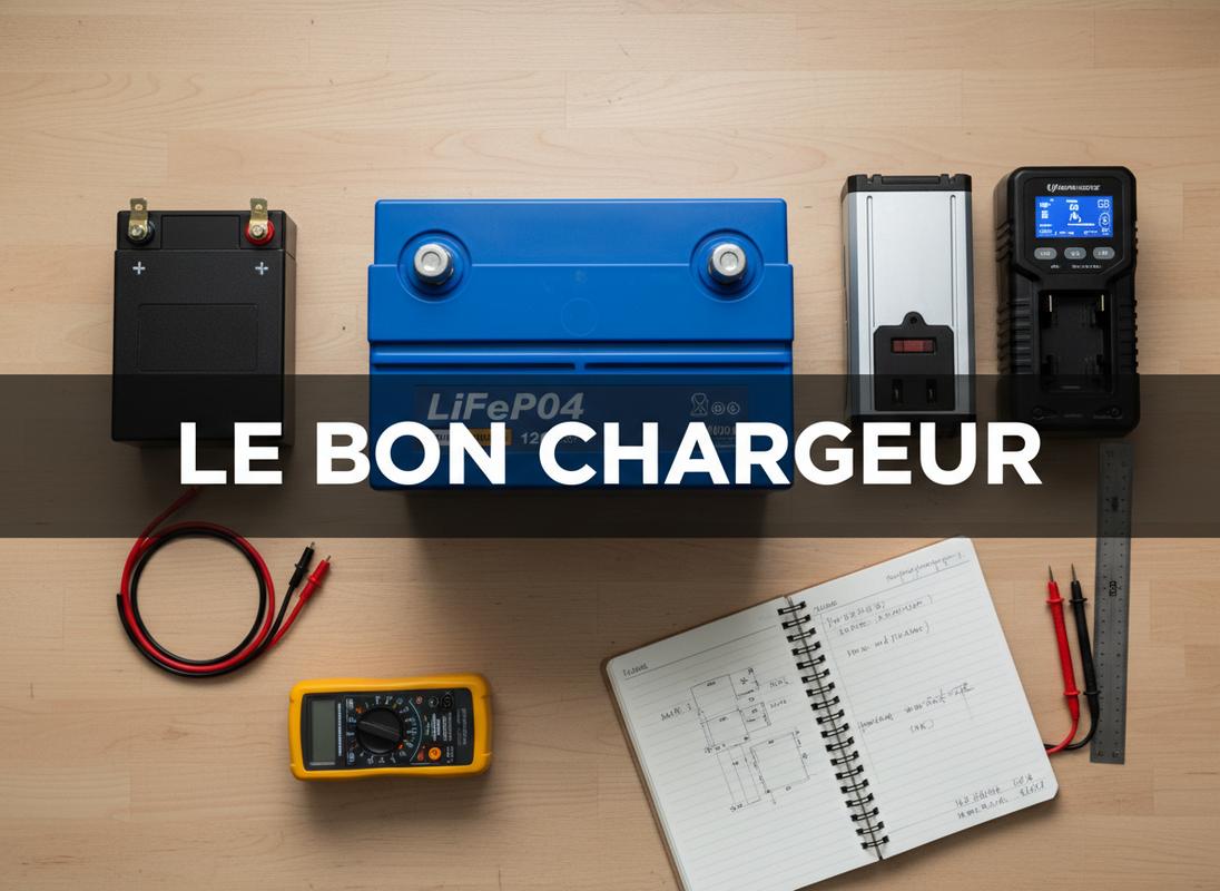Trois batteries lithium et un chargeur intelligent sont disposés sur un établi en bois avec un multimètre sous le texte en surimpression LE BON CHARGEUR.