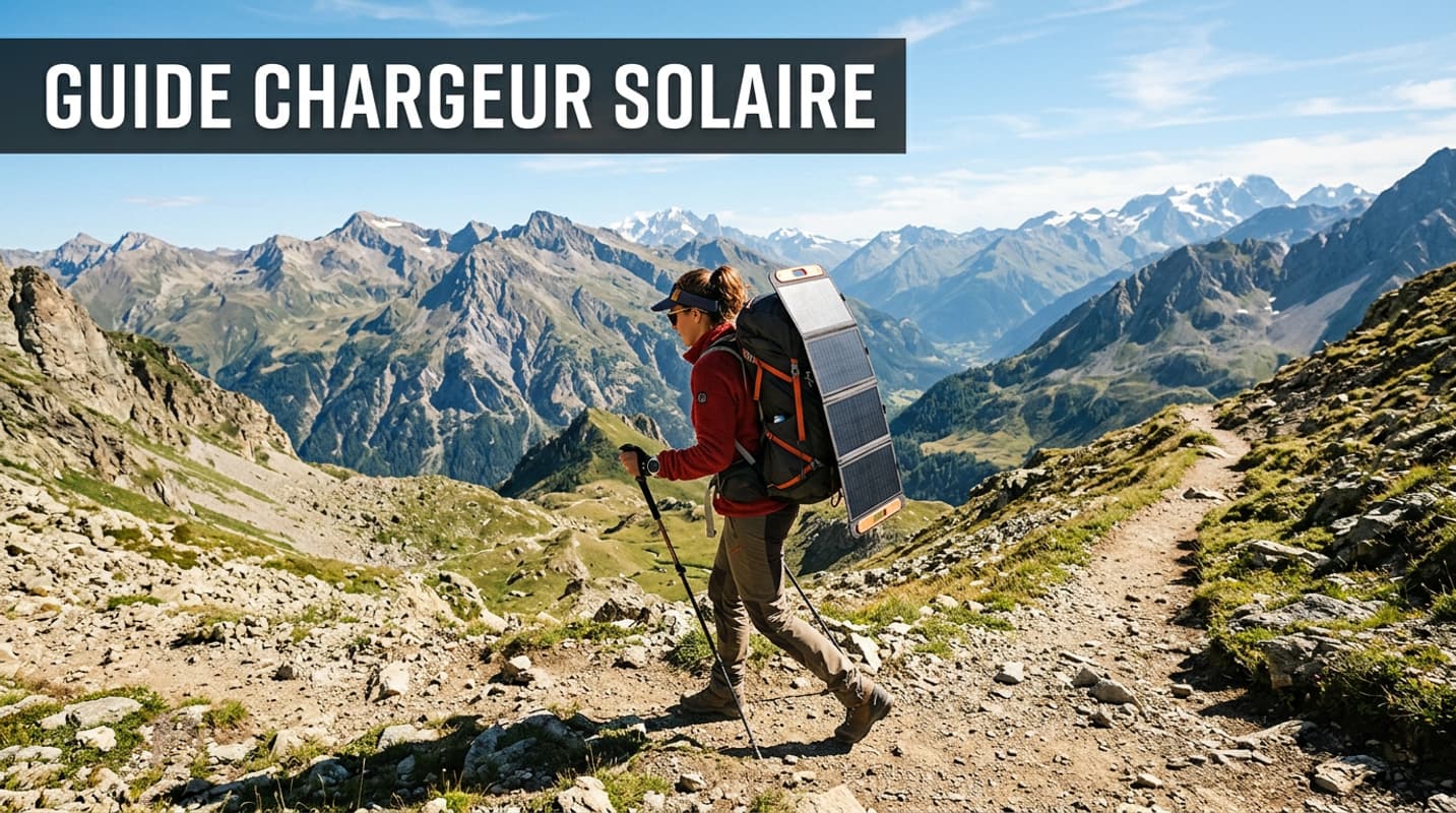 Un randonneur marche sur un sentier de montagne ensoleillé, un panneau solaire pliable fixé à son sac à dos.