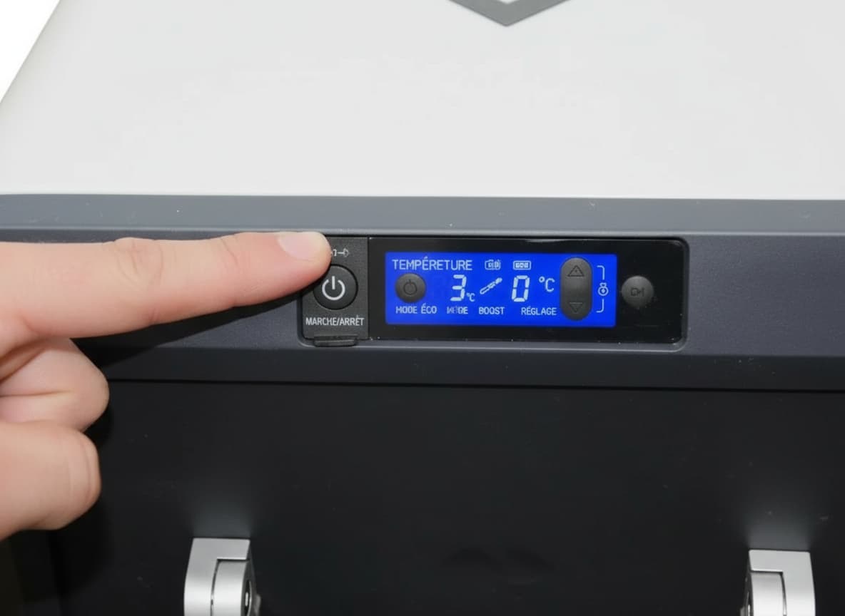 Un doigt presse le bouton de mise en marche d'un panneau de contrôle numérique de réfrigérateur Dometic affichant des textes en français et un écran LED bleu.