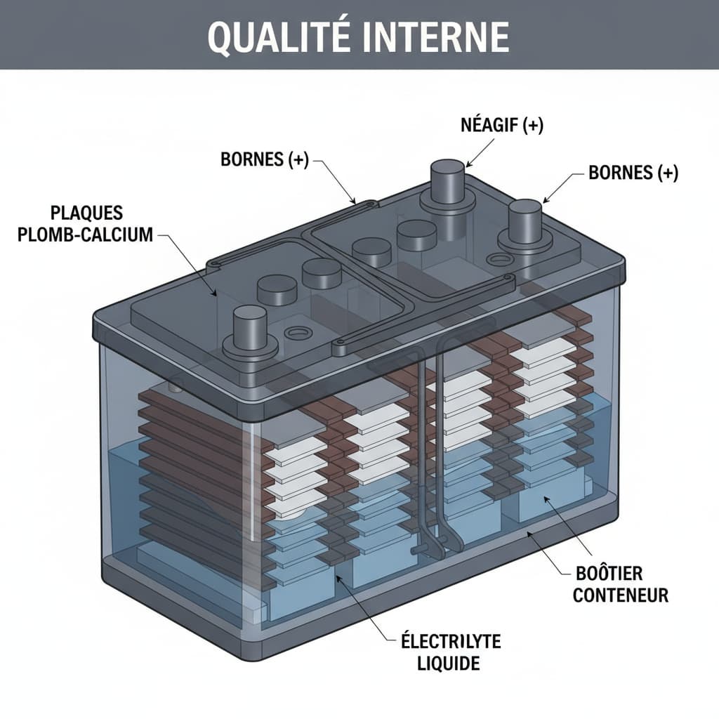 Diagramme en coupe d'une batterie de voiture au plomb-acide laissant voir les plaques internes, l'électrolyte liquide, et des annotations en français sur les composants, avec le texte 'QUALITÉ INTERNE' superposé.