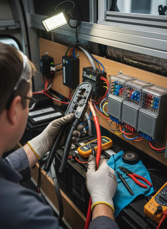 Mains gantées serrant une cosse cuivre sur câble électrique rouge épais dans le système 12V d'un camping-car.