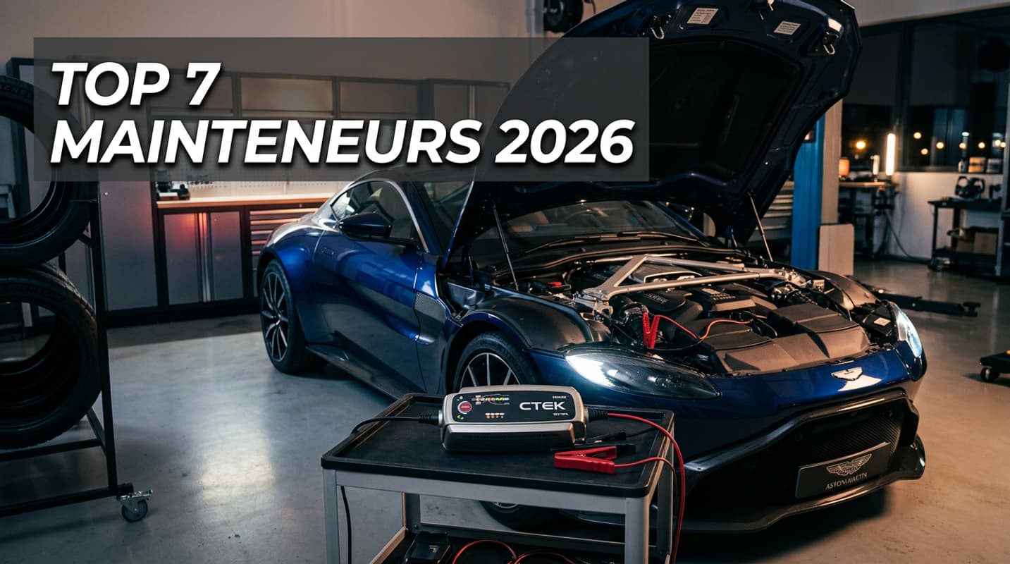 Dans un garage moderne au style éditorial, un chargeur de batterie intelligent élégant est connecté à la batterie d'une voiture de luxe, éclairage cinématographique avec lueurs douces, et texte superposé 'TOP 7 MAINTENEURS 2026'.