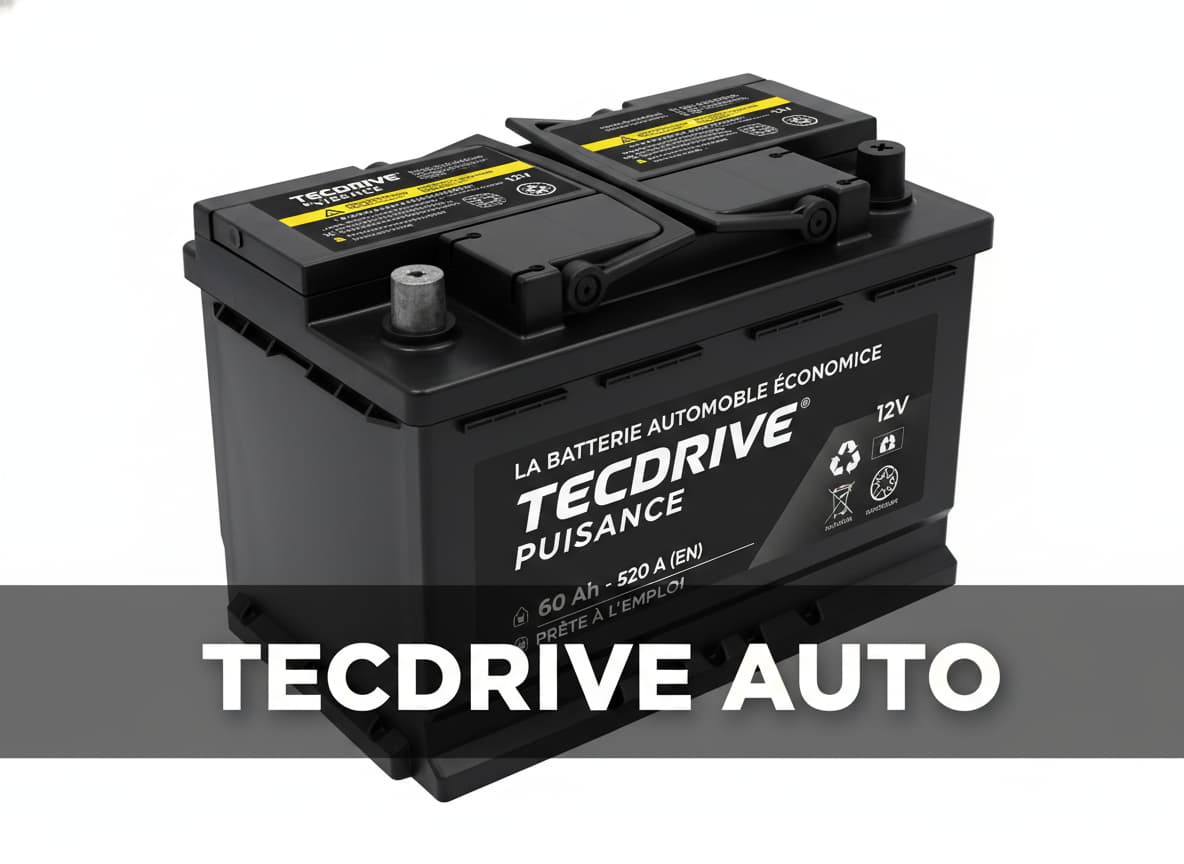 Batterie de voiture Tecdrive posée sur fond blanc, vue de trois quarts, avec poignée et texte 'TECDRIVE AUTO' en surimpression.