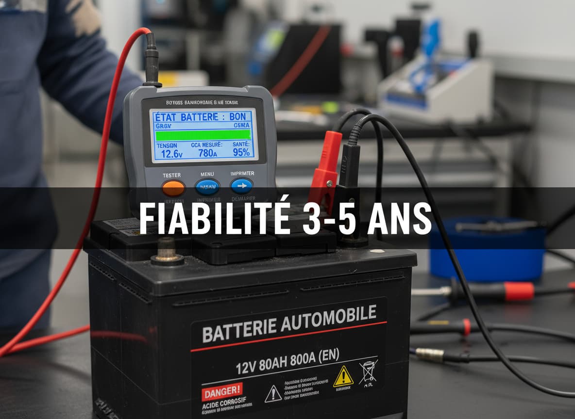 Un testeur de batterie électronique professionnel, connecté à une batterie de voiture, affiche un écran vert avec un indicateur de santé et un texte superposé 'FIABILITÉ 3-5 ANS'.