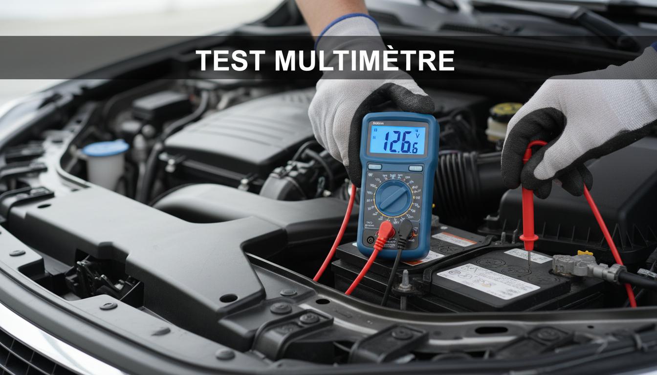Mains utilisant un multimètre numérique pour mesurer la tension d'une batterie de voiture, avec texte TEST MULTIMÈTRE visible sur l'écran.