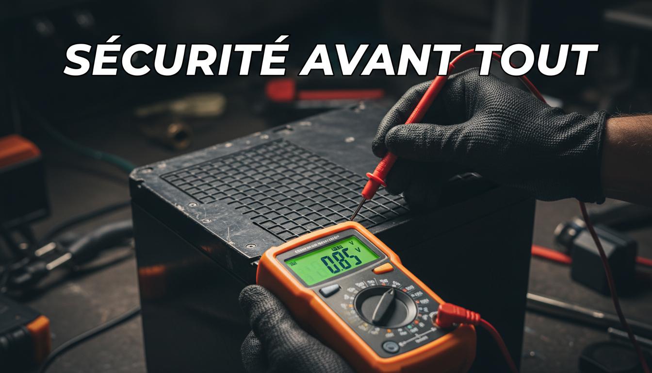 Mains d'un technicien ganté mesurant la tension d'une batterie au lithium avec un multimètre numérique sous un texte en surcouche indiquant SÉCURITÉ AVANT TOUT.