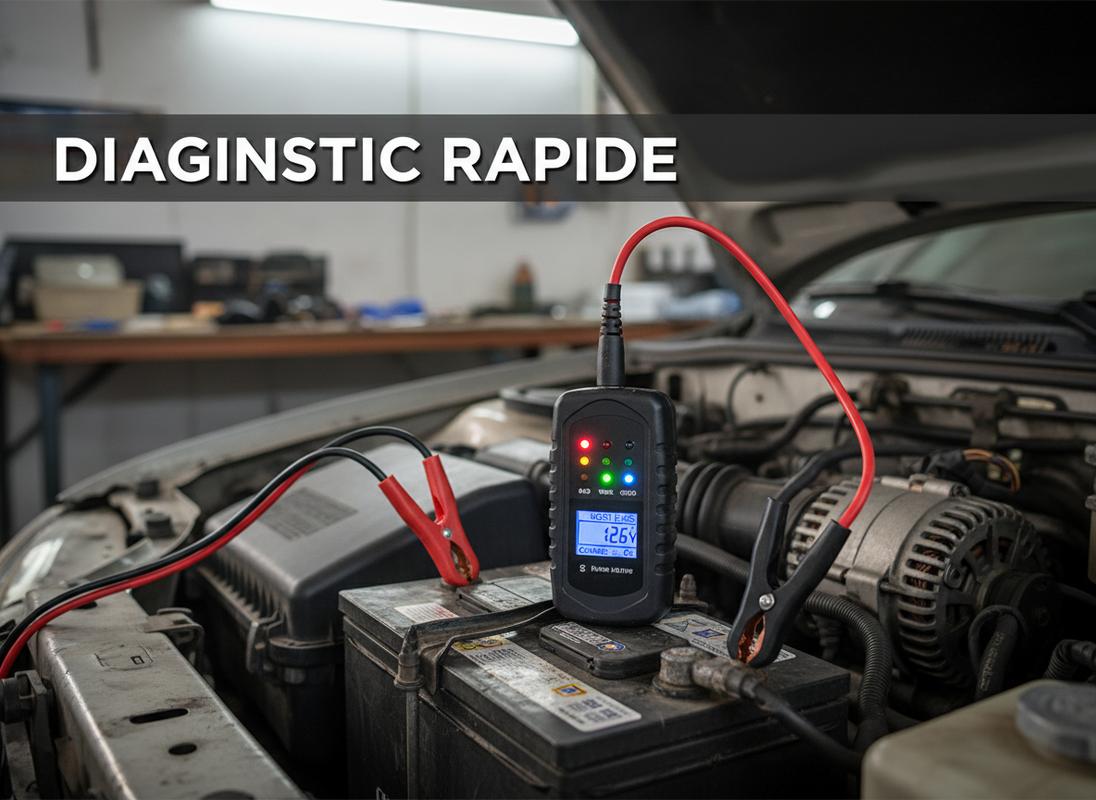 Un testeur d'alternateur compact équipé de voyants LED colorés posé devant une batterie de voiture dans un garage, avec un texte indiquant diagnostic rapide.