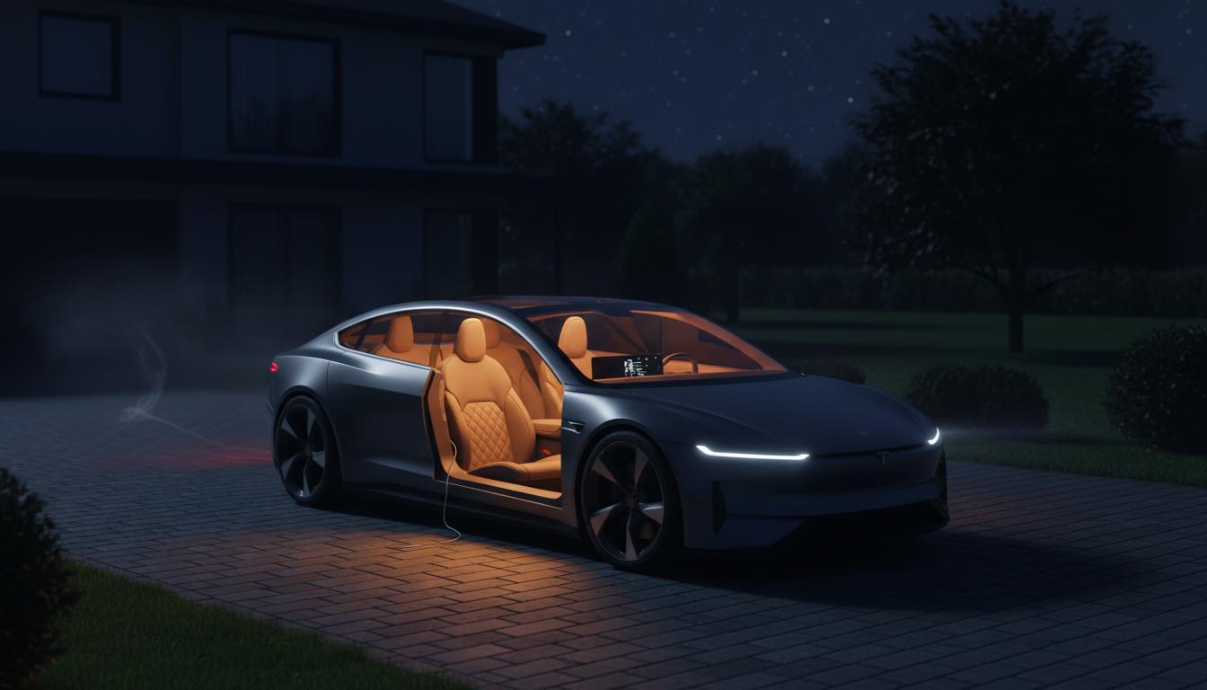 Une voiture moderne stationnée dans une allée résidentielle sombre la nuit laisse son plafonnier allumé éclairer l'intérieur et les sièges vides.