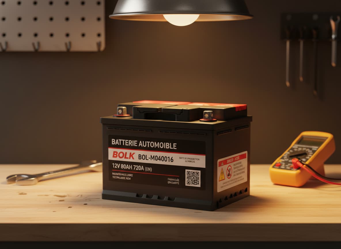 Batterie de voiture Bolk BOL-M040016 posée sur un établi en bois propre, avec une clé et un multimètre flous en arrière-plan, éclairage chaud.