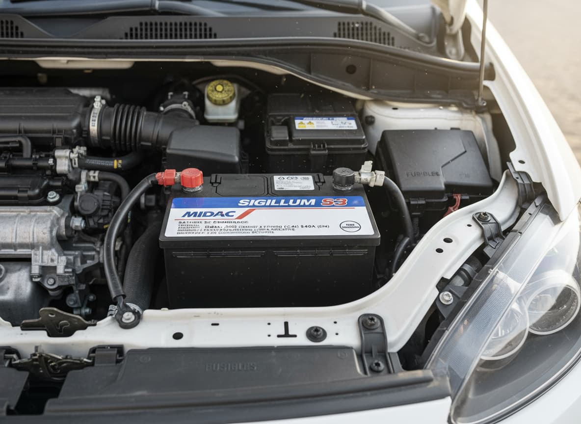 Gros plan sur une batterie Midac Sigillum S3 aux étiquettes en français, installée dans le compartiment moteur d'une citadine blanche.