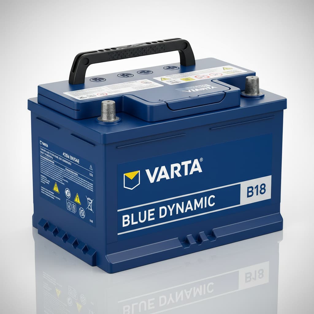 Batterie Varta Blue Dynamic B18 au boîtier bleu et argenté avec logo Varta et poignées robustes en studio.