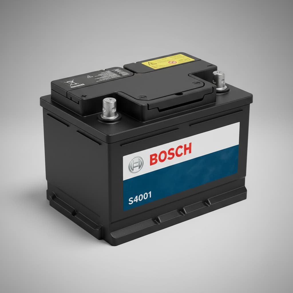 Batterie de voiture Bosch S4001 posée sur un fond gris neutre, vue en trois-quarts montrant les bornes supérieures et le boîtier latéral.