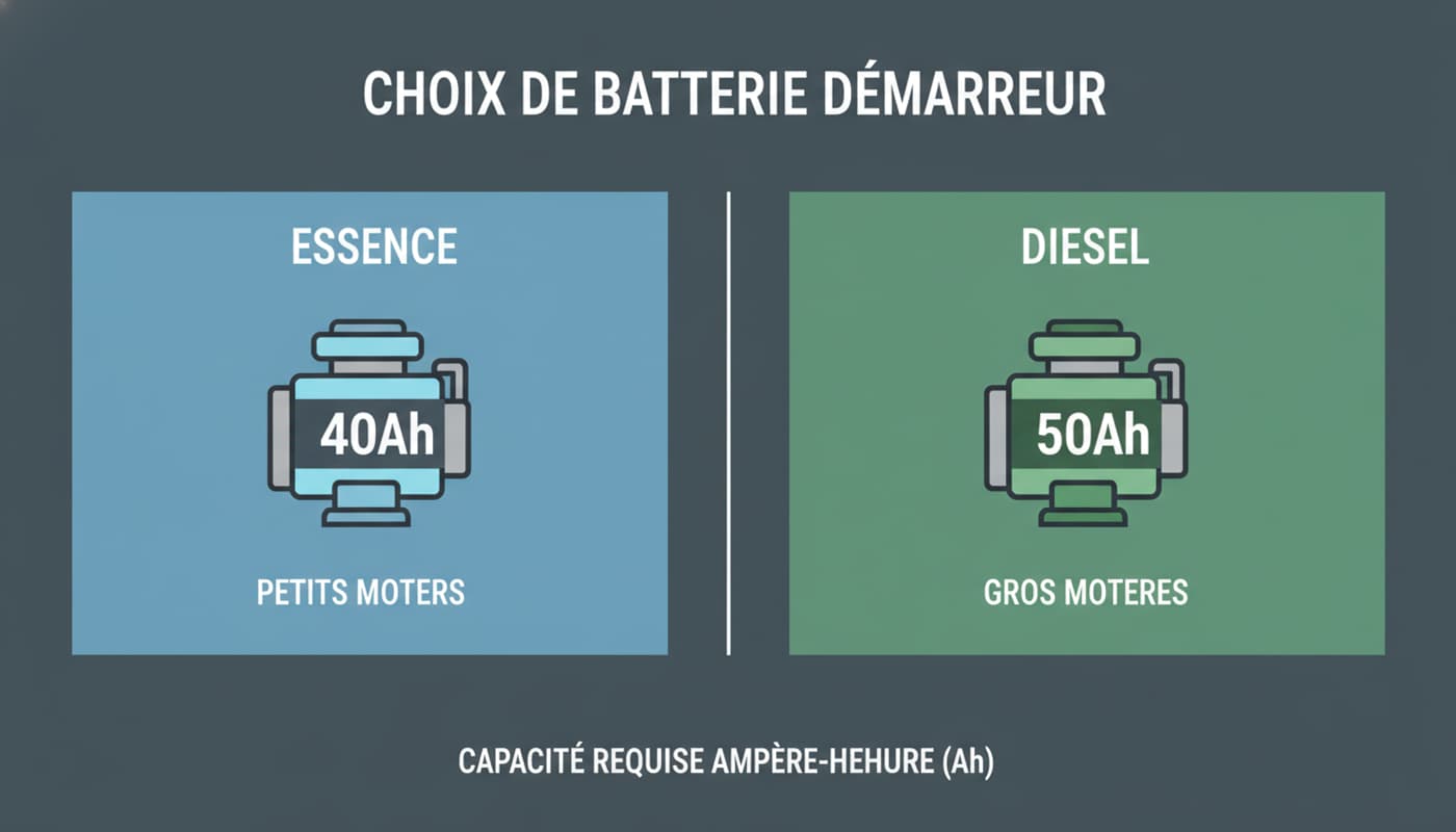 Illustration éducative montrant un petit moteur essence étiqueté 40 Ah à gauche et un plus gros moteur diesel étiqueté 50 Ah à droite, comparant les capacités de batterie.