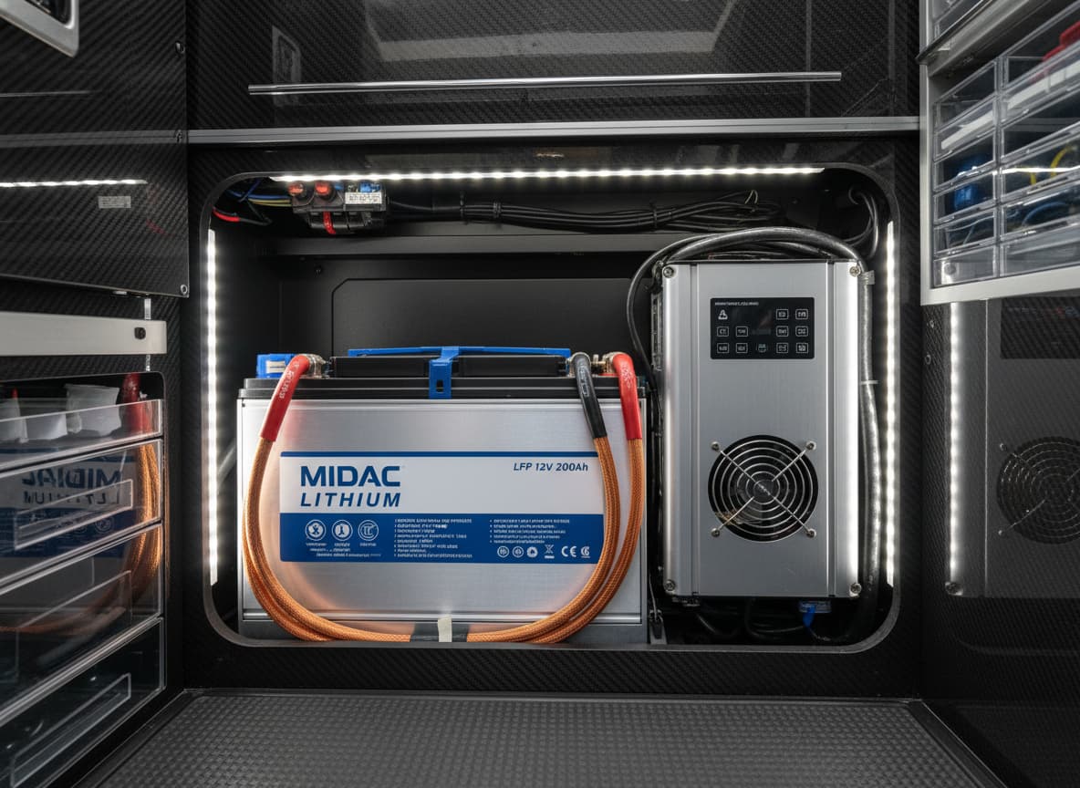 Compartiment électrique de camping-car avec batterie Midac Lithium LFP 12V 200Ah, câbles en cuivre épais et onduleur solaire, ambiance technologique et propre.