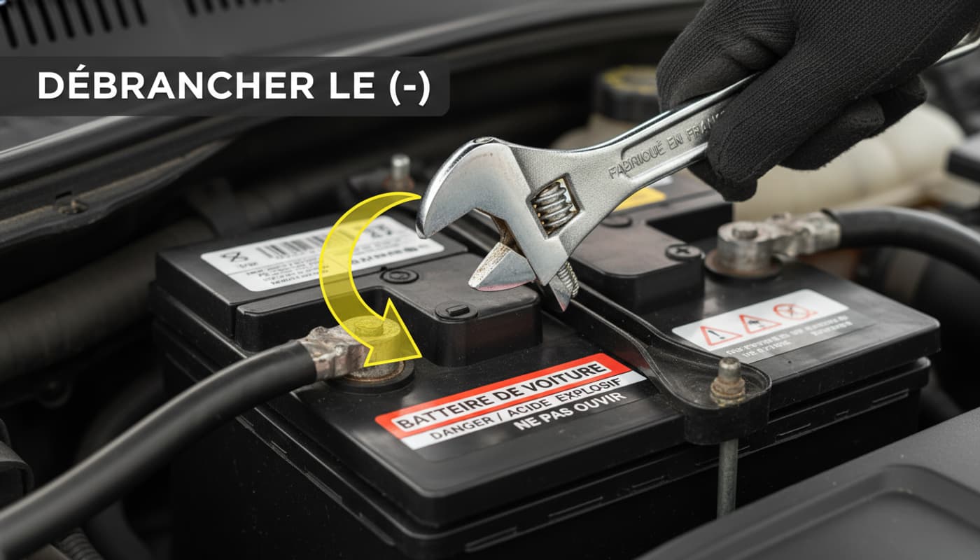 Main utilisant une clé pour desserrer la borne négative noire d'une batterie de voiture, avec une flèche pointant la borne et le texte 'DÉBRANCHER LE (-)' superposé sur un fond sombre.