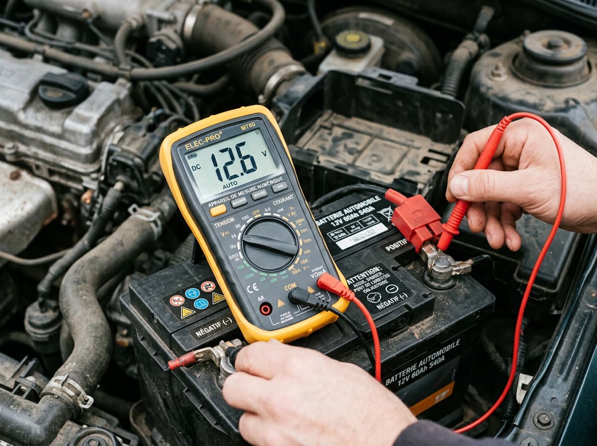 Un multimètre numérique affiche la mesure de douze virgule six volts tandis que ses sondes rouge et noire sont posées sur les bornes d'une batterie de voiture.