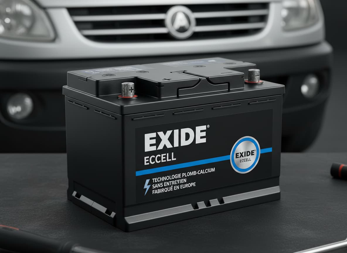 Batterie Exide Excell EB440 noire au design robuste avec dessus scellé, posée devant une calandre de voiturette Aixam A.741 floue.