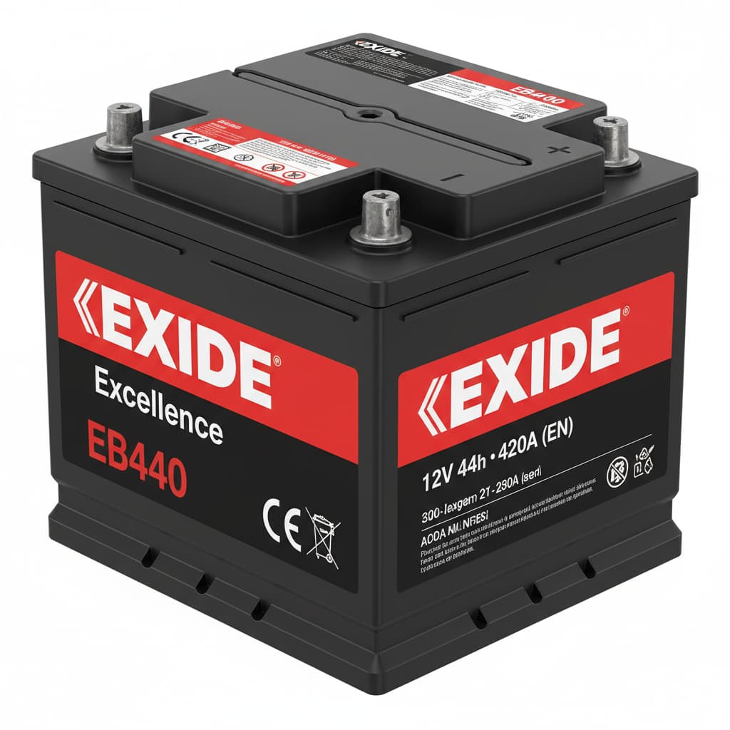 Batterie noire Exide Excellence EB440 avec étiquette rouge et blanche, bornes et spécifications techniques visibles au premier plan.