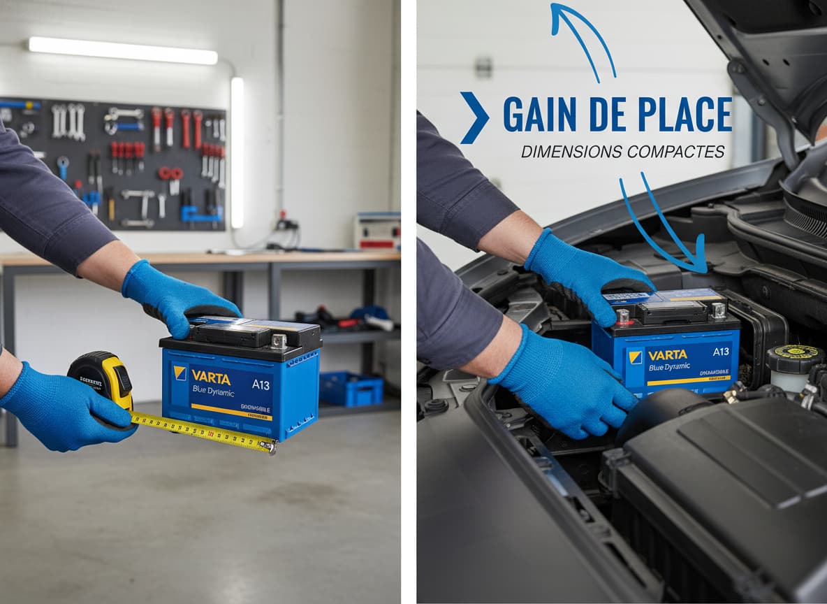 Des mains tiennent un mètre ruban jaune pour mesurer une pile Varta Blue Dynamic A13 dans un garage lumineux.