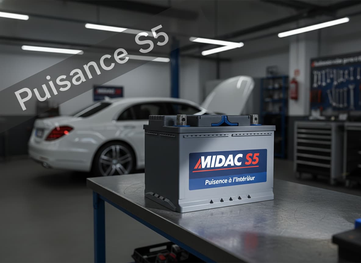 Batterie Midac S5 posée dans un atelier moderne, avec une berline floutée en arrière-plan et le texte 'Puissance S5' en superposition.