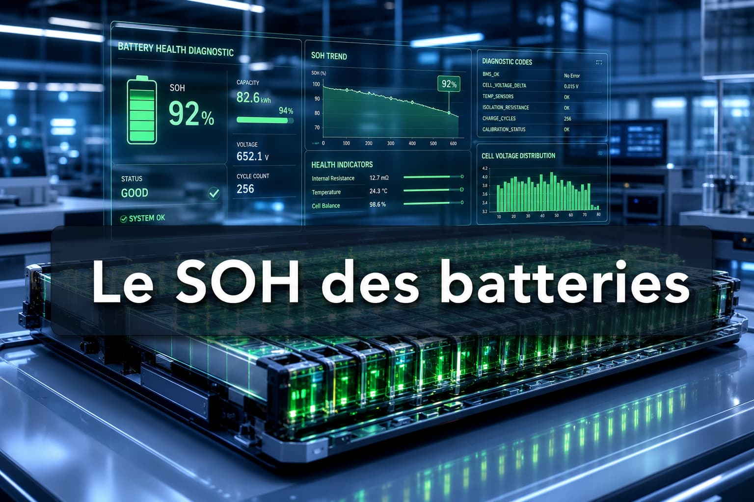 Pack de batteries futuriste illuminé en bleu et vert dans un laboratoire avec des hologrammes de données et un titre sur fond sombre.