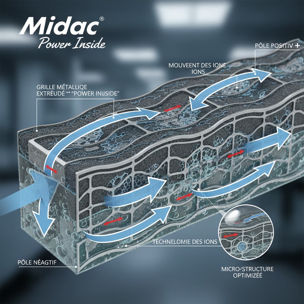 Rendu 3D macro de la plaque interne d'une batterie avec la technologie Power Inside, flèches éducatives et annotations en français.