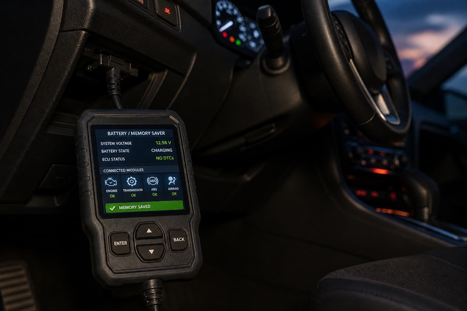 Un scanner de diagnostic OBD2 branché sur le port d