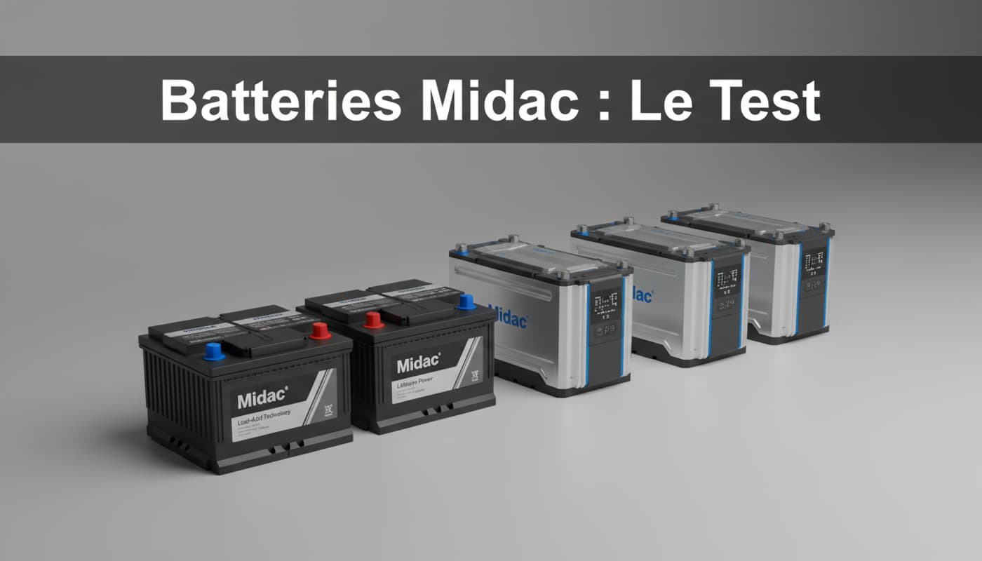 Plusieurs batteries de voiture de la marque Midac sont alignées sur une surface grise épurée sous un éclairage doux, avec le texte Batteries Midac : Le Test en surimpression.