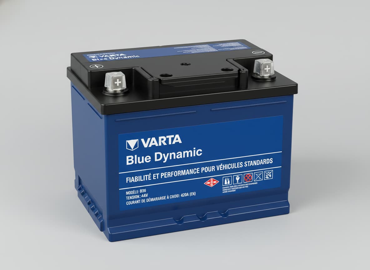 Batterie Varta Blue Dynamic B36 bleue et noire posée sur un fond gris, avec les bornes visibles sur le dessus.