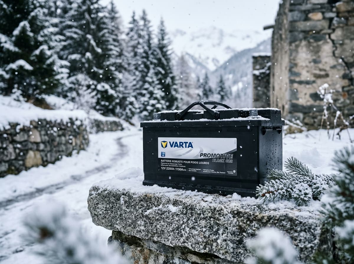 Une batterie Varta Promotive Black C22 posée sur un rebord en pierre sous une chute de neige légère, dans un paysage hivernal.