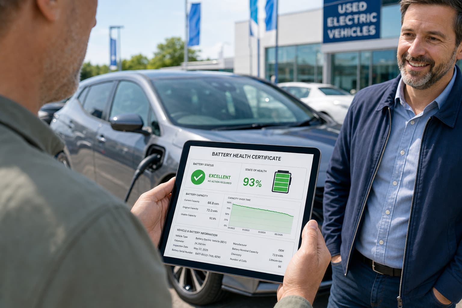 Un acheteur et un vendeur regardent une tablette affichant un certificat de batterie avec une coche verte devant une voiture électrique.