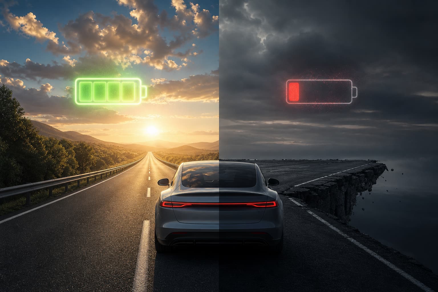 Une voiture électrique roule sur une autoroute divisée en deux zones contrastées : à gauche, une icône de batterie pleine et une route sans fin ; à droite, une icône de batterie déchargée et une route qui s’arrête brusquement, sous un ciel dramatique.
