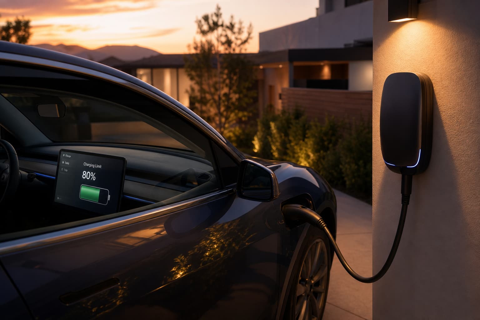 Une élégante voiture électrique branchée à une wallbox domestique au crépuscule, son tableau de bord illuminé affichant une limite de charge à 80 %.
