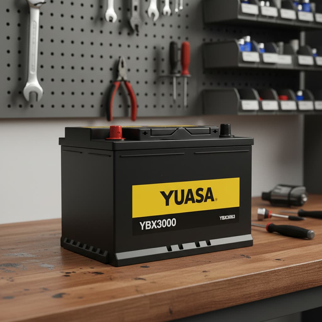 Batterie Yuasa YBX3063 au boîtier noir mat avec logo jaune posée sur un établi dans un atelier propre.