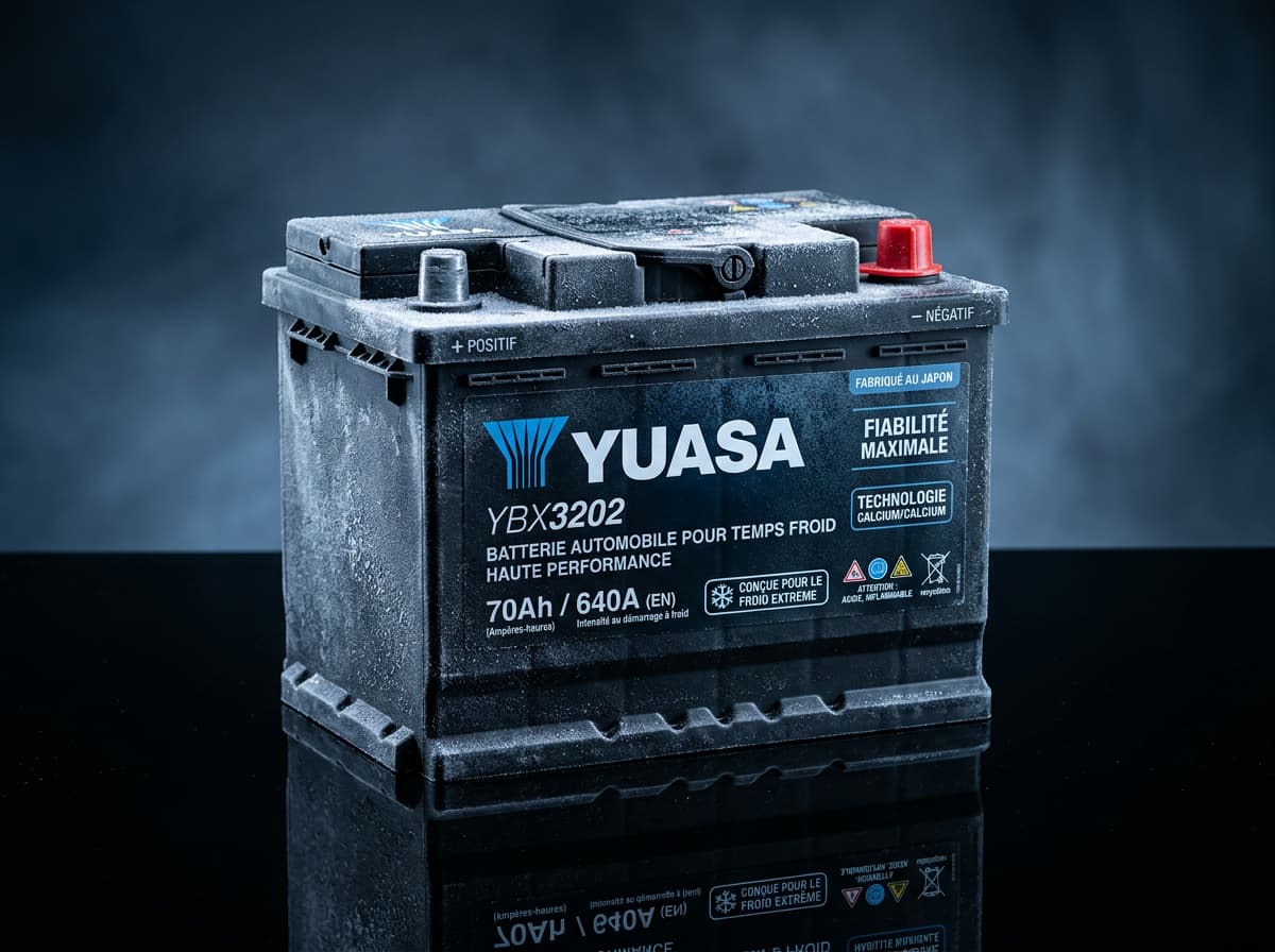 Batterie Yuasa YBX3202 posée sur une surface noire réfléchissante, avec un éclairage froid et un effet de givre sur le boîtier.