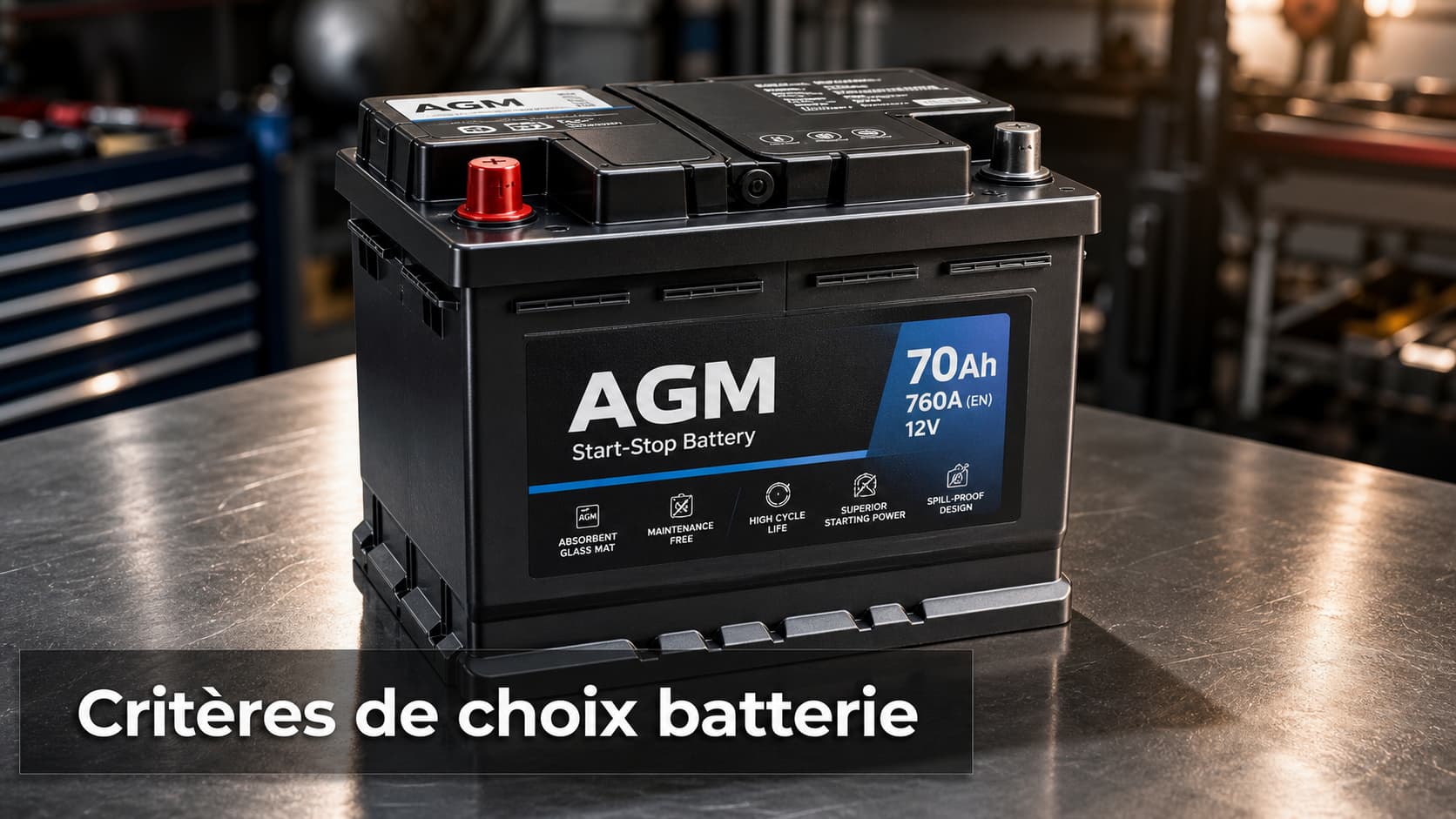 Batterie AGM automobile haut de gamme sur un établi en acier poli, avec bornes et étiquette visibles, arrière-plan de garage flou, et texte superposé