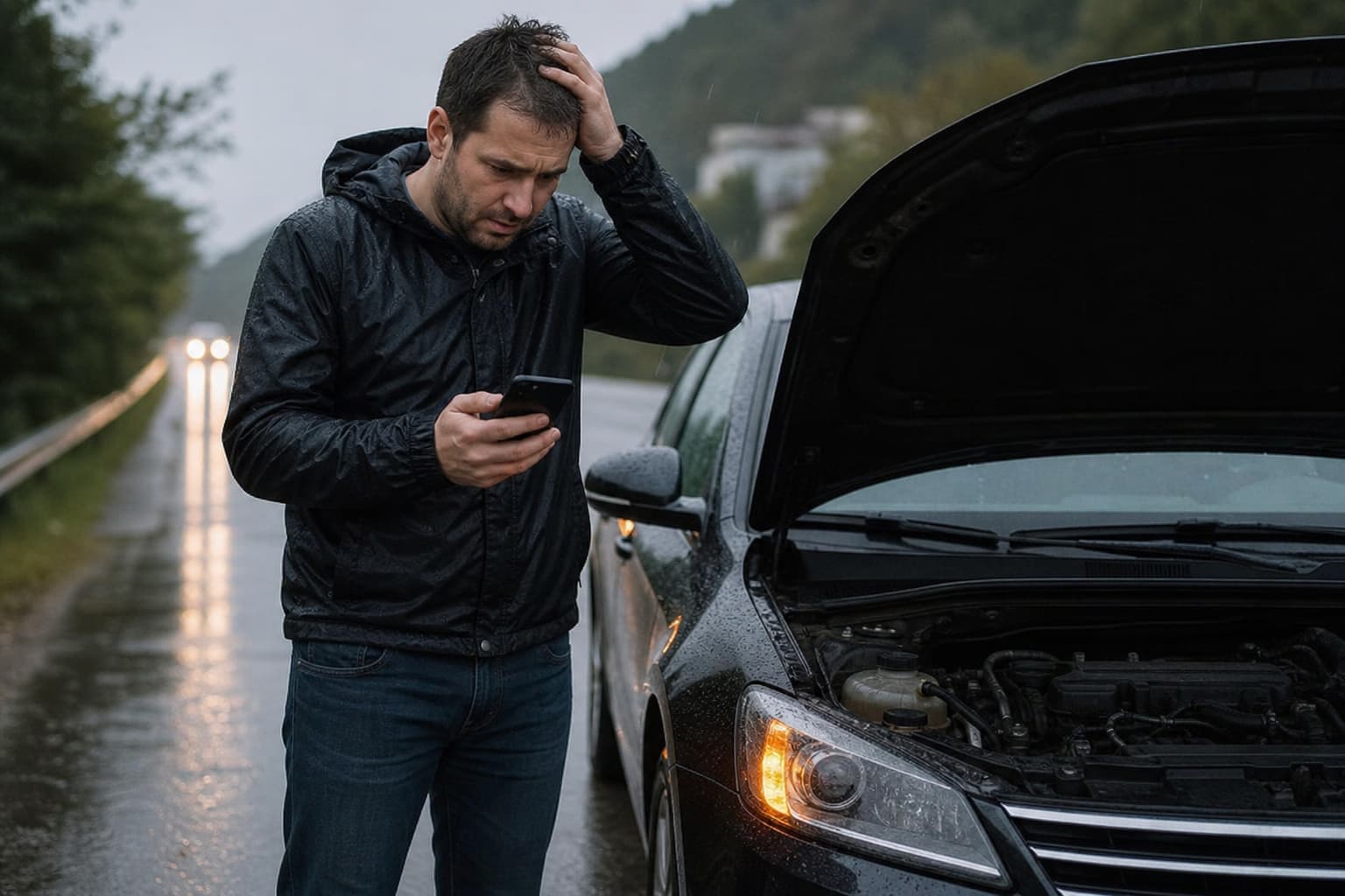 Un conducteur stressé debout à côté d'une voiture avec le capot ouvert sur le bord de la route sous la pluie, feux de détresse allumés, tenant un smartphone, l'air inquiet.