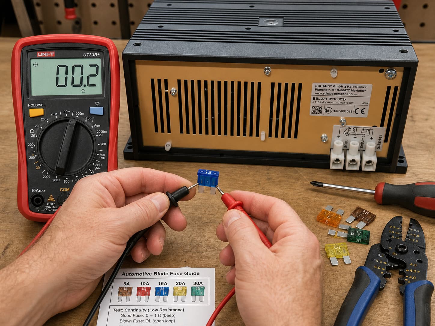 Gros plan de mains utilisant un multimètre pour tester un fusible à lame, avec une unité EBL visible en arrière-plan et des outils sur un établi.