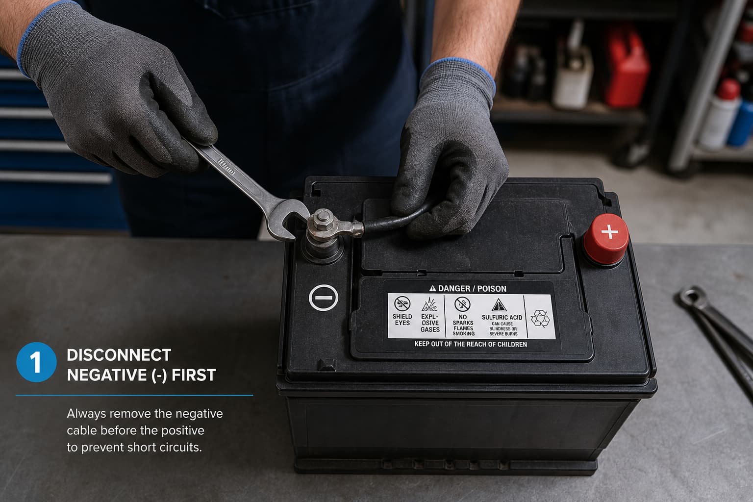 Gros plan sur une batterie de voiture, des mains de mécanicien utilisant une clé de 10 mm pour débrancher la borne négative noire, câble positif rouge visible, éclairage focalisé sur la précision de l