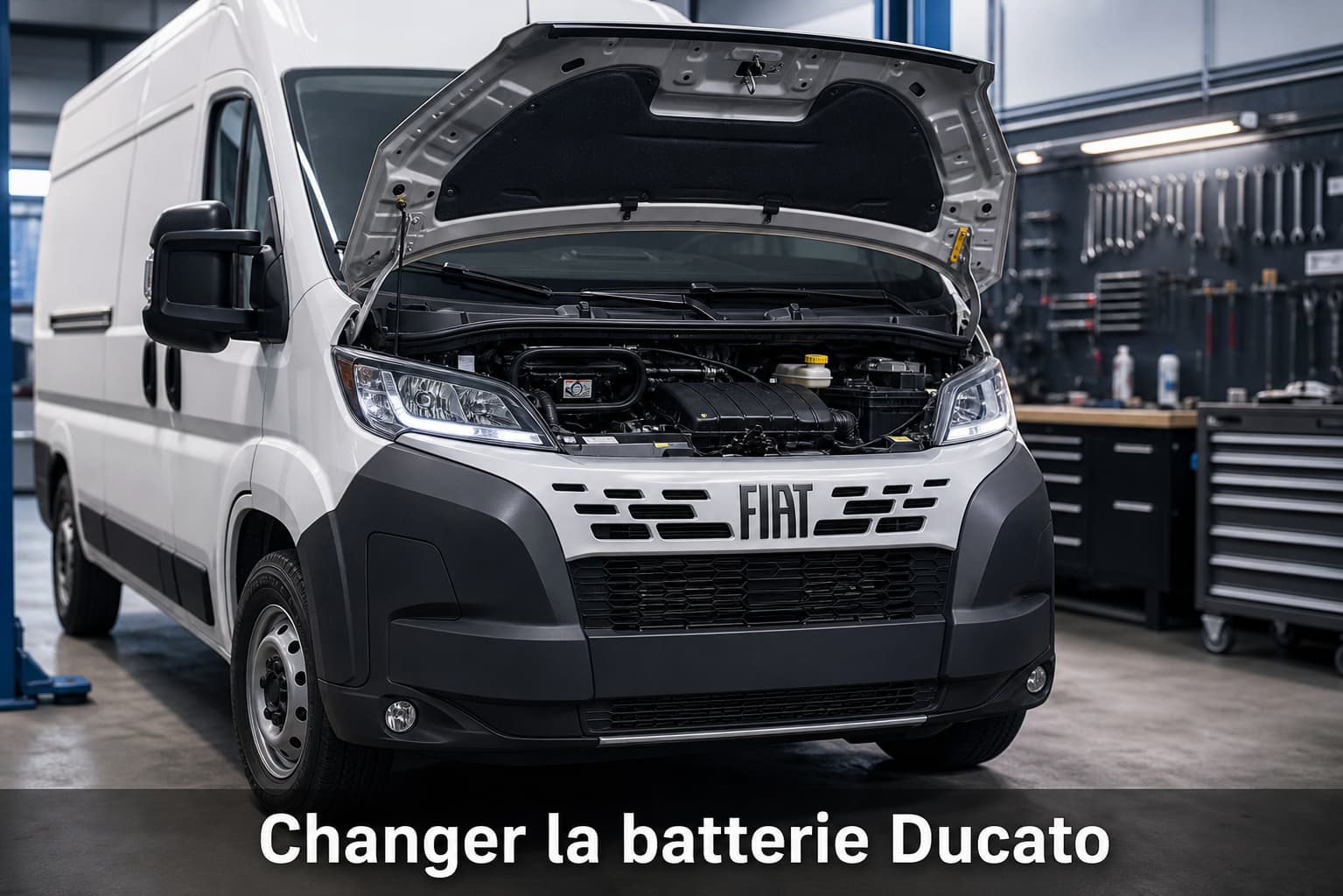 Un fourgon Fiat Ducato au capot ouvert stationné dans un garage lumineux avec un établi et des outils en arrière-plan, photographié d