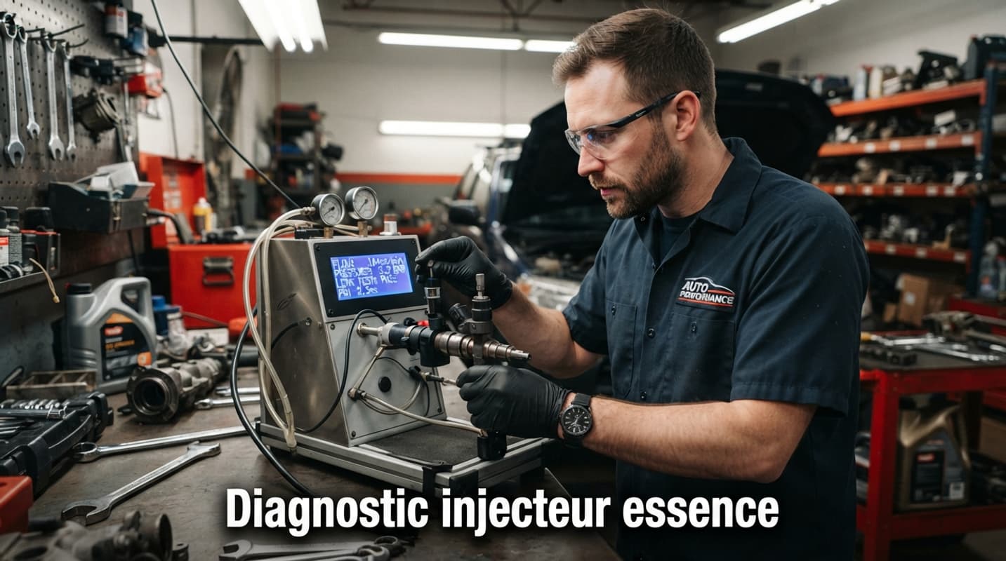 Un mécanicien masculin portant des lunettes de sécurité et des gants utilise un outil de diagnostic sur un injecteur de carburant dans un banc d