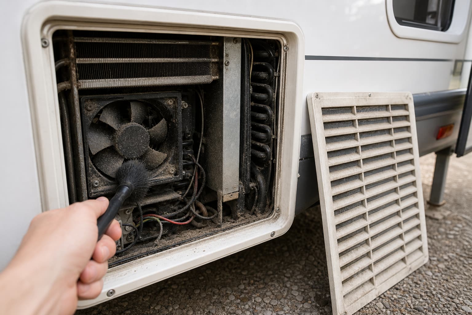 Une main tient une brosse de nettoyage devant la grille de ventilation ouverte d