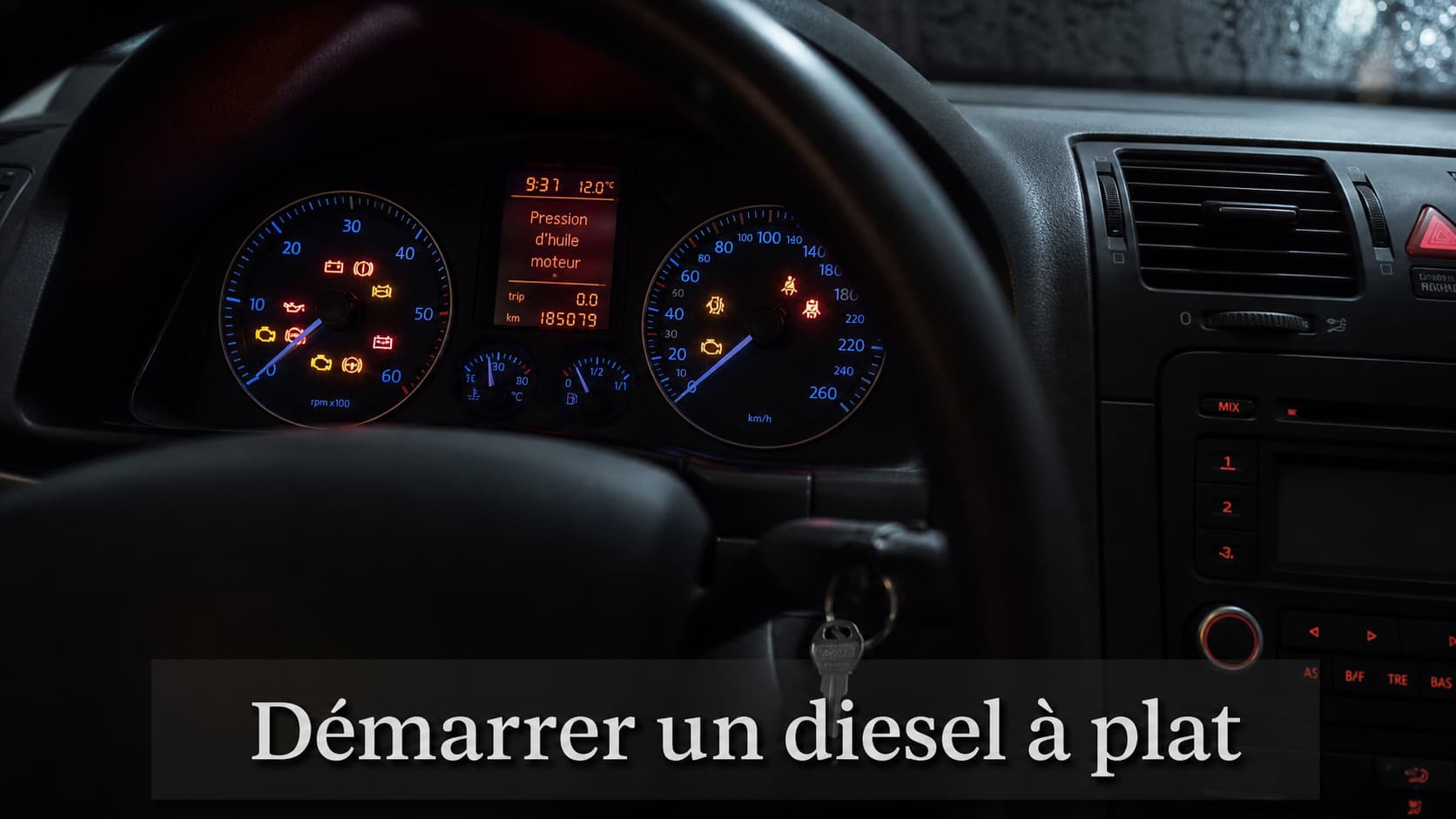Un tableau de bord de voiture dans des conditions sombres, avec des voyants d'alerte lumineux, une clé dans le contact, et un texte 'Démarrer un diesel à plat' superposé sur un fond semi-transparent en bas.