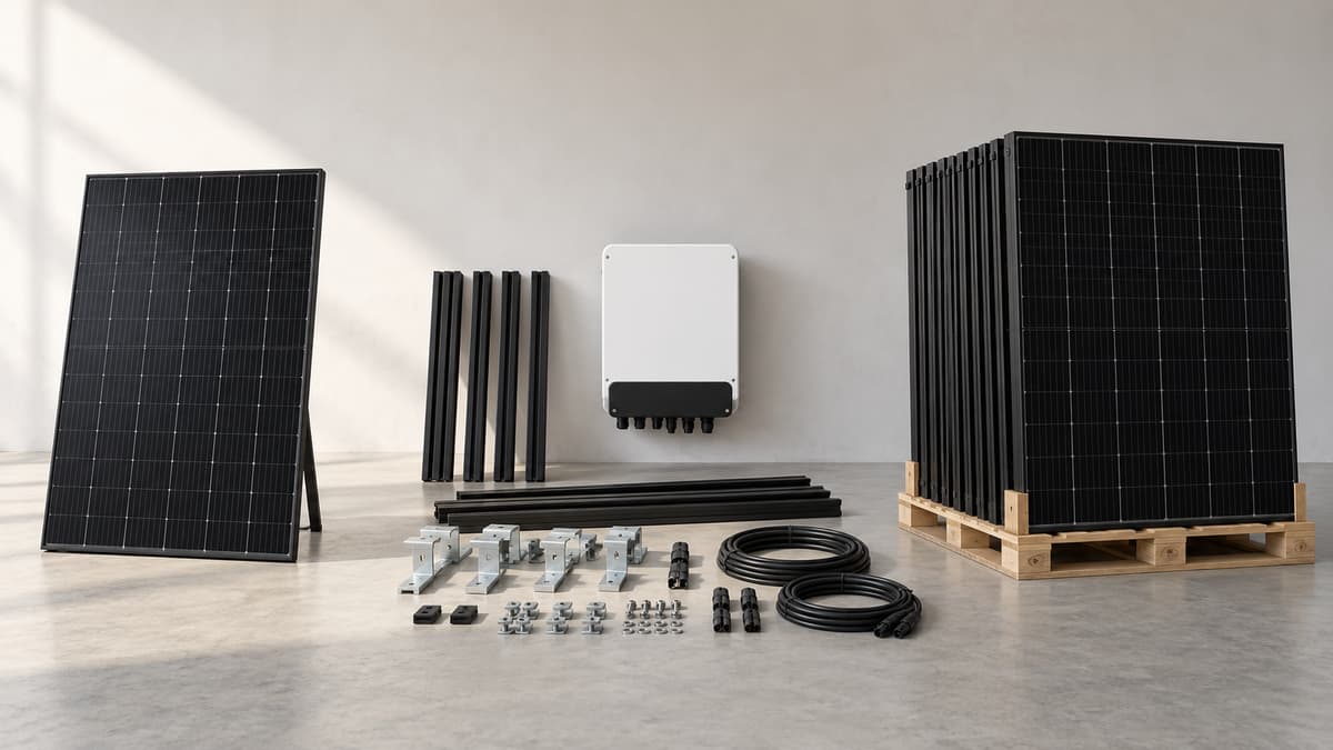 Trois ensembles de panneaux solaires alignés : un module isolé, un kit avec onduleur et fixations, et une palette de modules empilés.