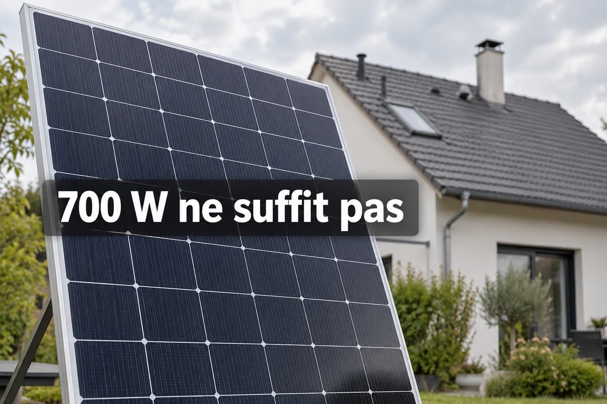 Grand panneau solaire au premier plan devant une maison individuelle dont la toiture offre une surface libre limitée, avec le texte « 700 W ne suffit pas » affiché.